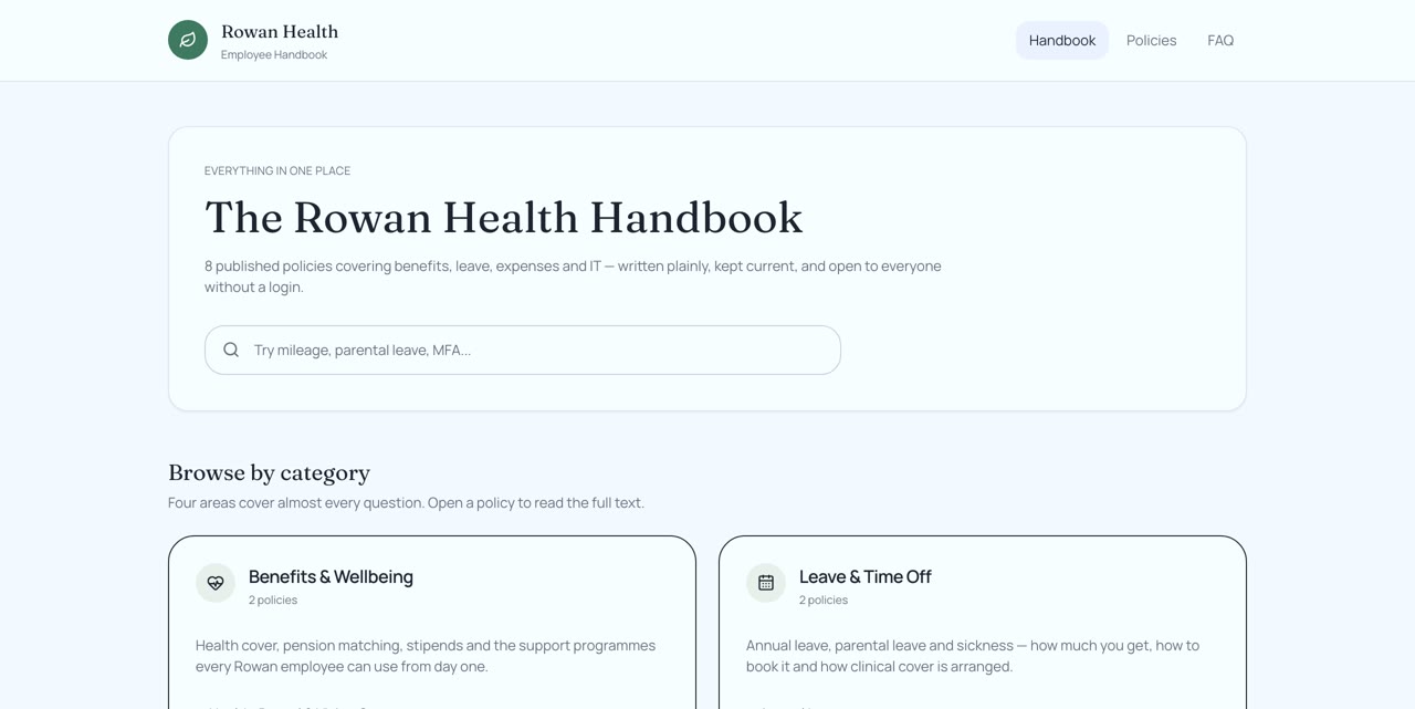The Rowan Health Handbook built with Cotira: searchable policies for benefits, leave, expenses and IT
