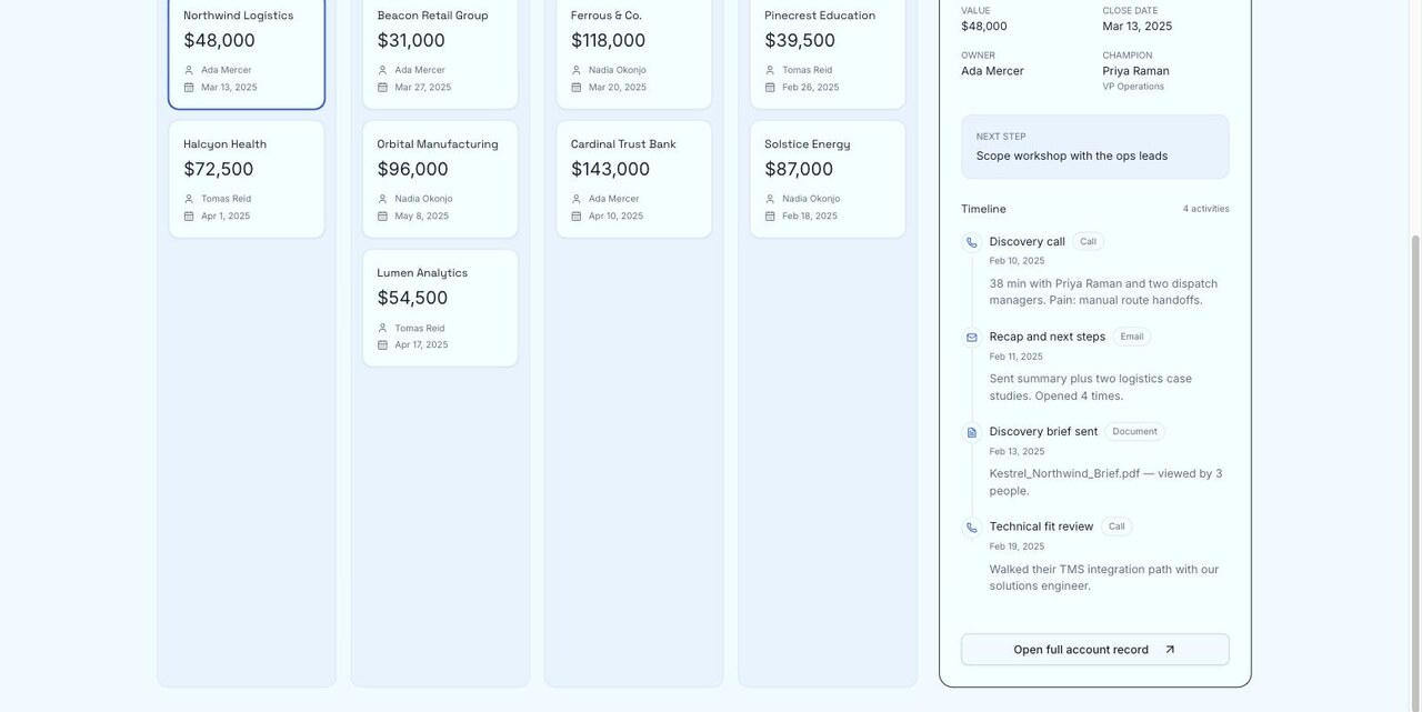 Kestrel's activity timeline built with Cotira, tracking every follow-up