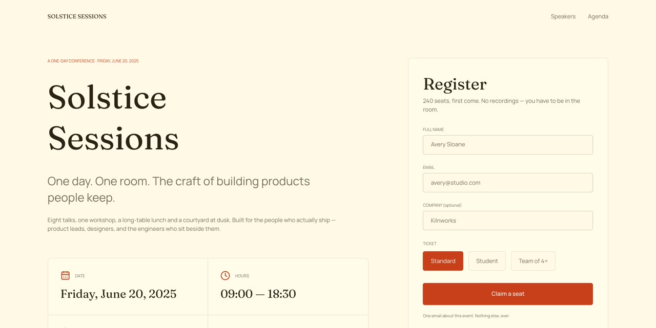 Solstice Sessions built with Cotira: an event page with date, venue and a register form