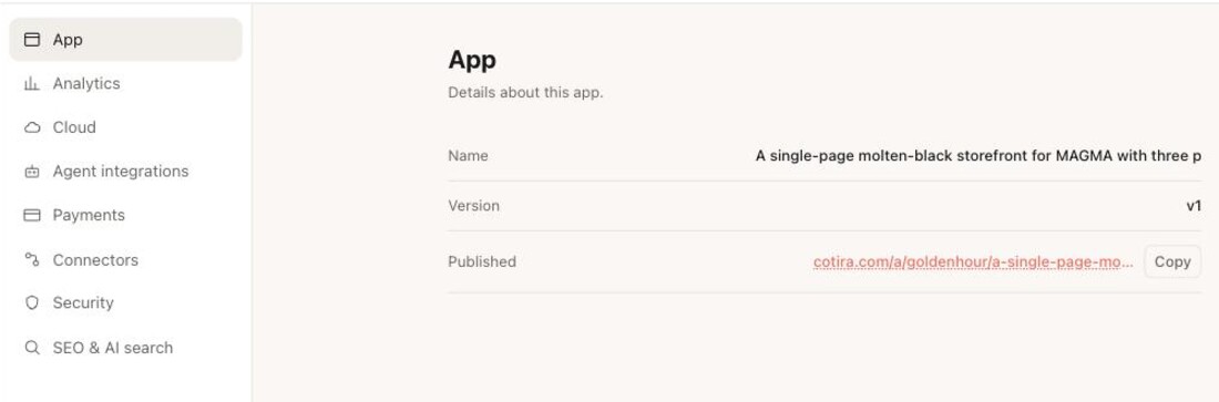 Cotira's app settings: Cloud, Payments, Connectors, Security, Analytics